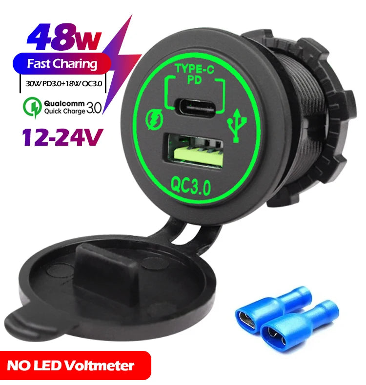 48W Quick Charge 3.0 Waterproof USB Car Charger 12V/24V PD Type-C + QC3.0 Dual USB Fast Charging Socket with LED Voltmeter for Cars, Trucks & Boats