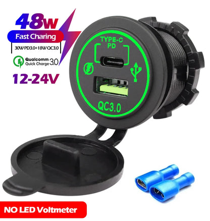 48W Quick Charge 3.0 Waterproof USB Car Charger 12V/24V PD Type-C + QC3.0 Dual USB Fast Charging Socket with LED Voltmeter for Cars, Trucks & Boats