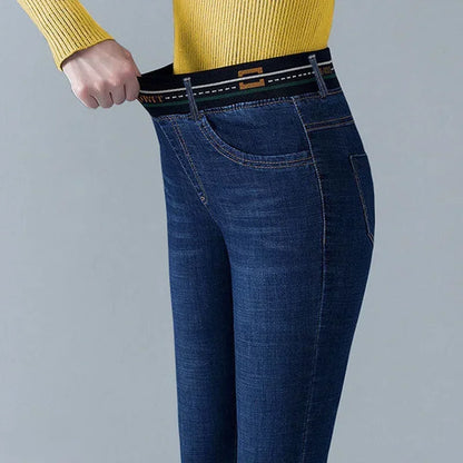 Women's Winter Velvet Stretch Jeans - High Waist Warm Skinny Mom Denim Trousers