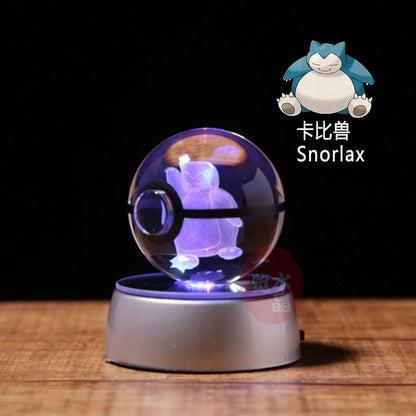 Anime Pokemon 3D Crystal Ball – Snorlax & Charizard Engraved Pokeball Figure with LED Light Base, Kids Gift
