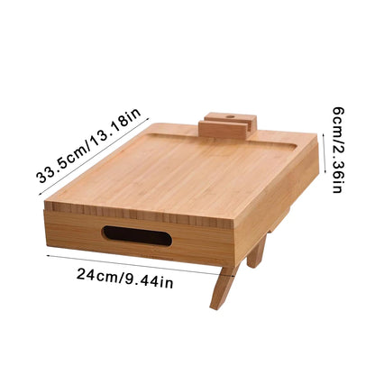 Sofa Armrest Tray with Storage Box – Bamboo Couch Arm Table with 360° Rotating Top & Phone Stand