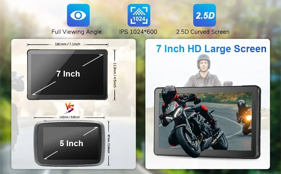 5/7 Inch Motorcycle CarPlay DVR Navigation GPS Monitor – Wireless Android Auto, Airplay, IPX7 Waterproof Portable Display