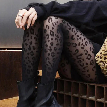 Vintage Gothic Sheer Pantyhose – Sexy Black Leopard Print Transparent Tights for Women