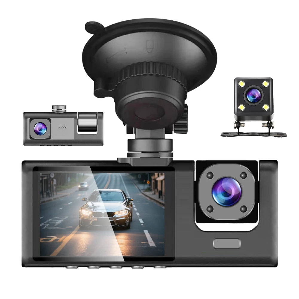 3-Channel Dash Camera 1080P HD - Front, Interior & Rear View Recorder with Night Vision & Loop Recording