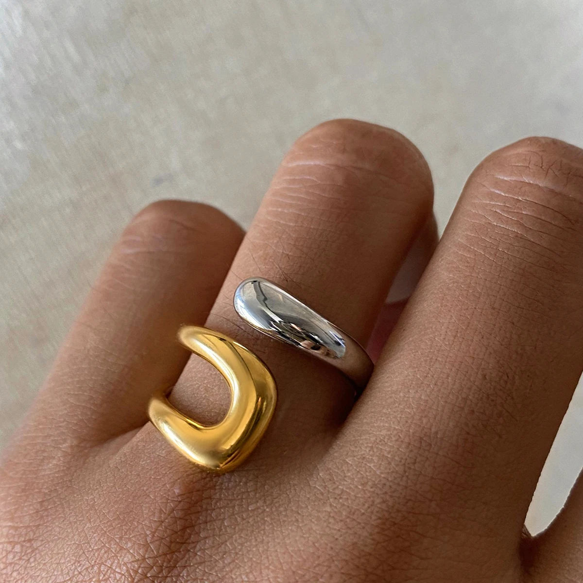 Vintage 18K Gold Plated Stainless Steel Ring – Double Line Irregular Open End Jewelry for Women