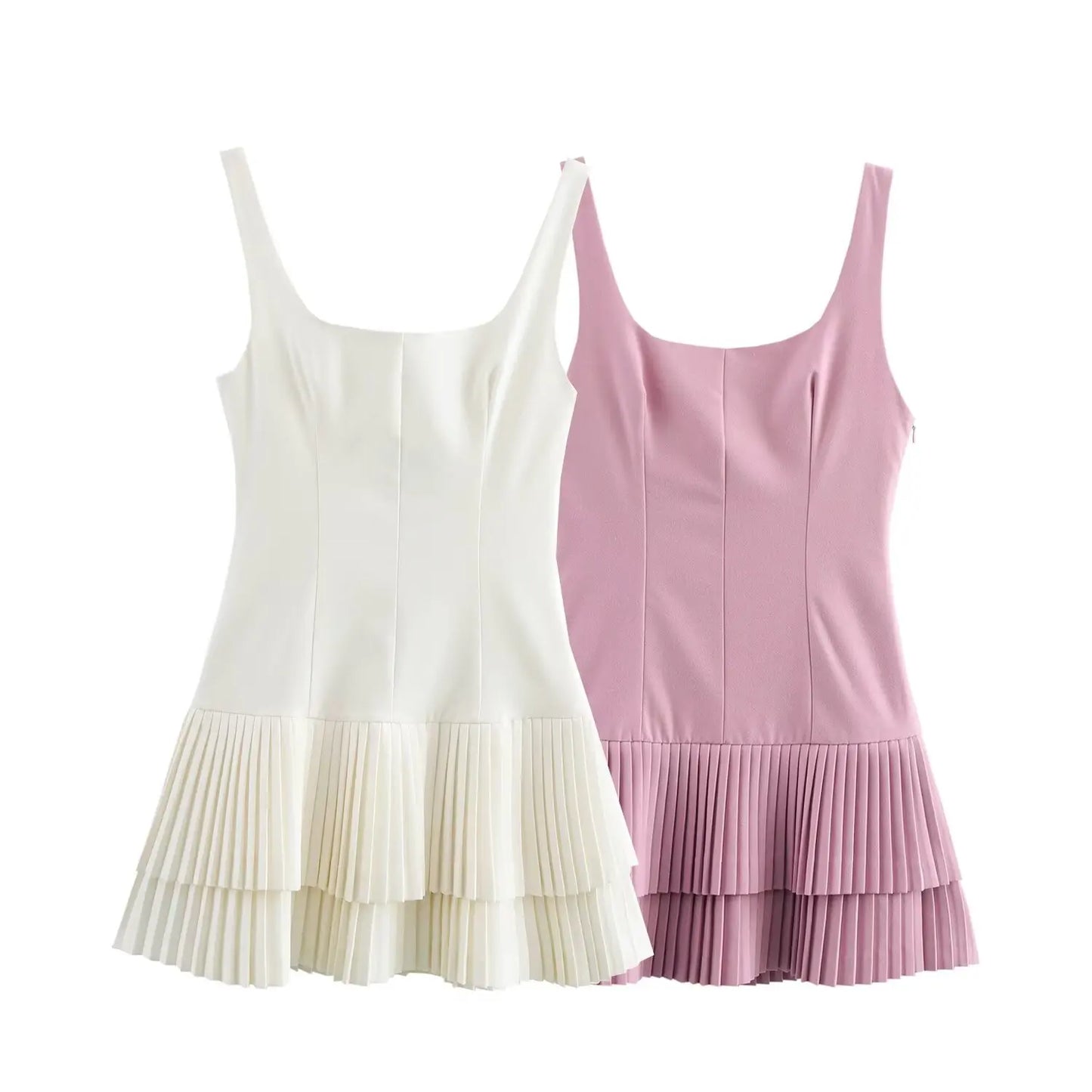 TRAFZA Women’s Square Collar Sleeveless Mini Dress – Summer Pleated Solid Color Slim High Street Chic Dress