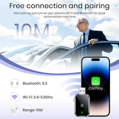 B63B Wireless CarPlay Adapter - Mini USB & USB-C Converter for iPhone Wired to Wireless Connection