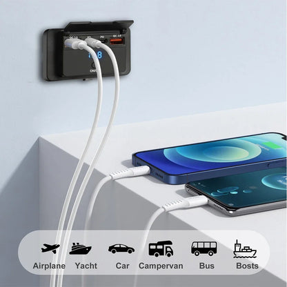 Car Charger Socket Adapter with Switch | 4-Port Charging Splitter for Bus, RV, ATV, Truck, Boat | 12V/24V PD, QC3.0