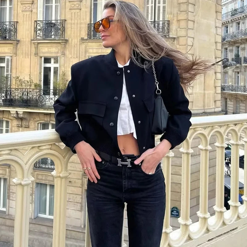 TRAF Women's White Bomber Jacket - Autumn Winter Cropped Aviator Coat with Button Closure, Long Sleeve Baseball Outerwear