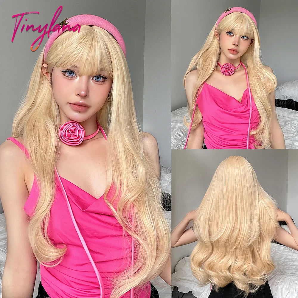 Long Blonde Wavy Synthetic Wig with Bangs – Lolita Cosplay & Halloween Heat-Resistant Wig for Women