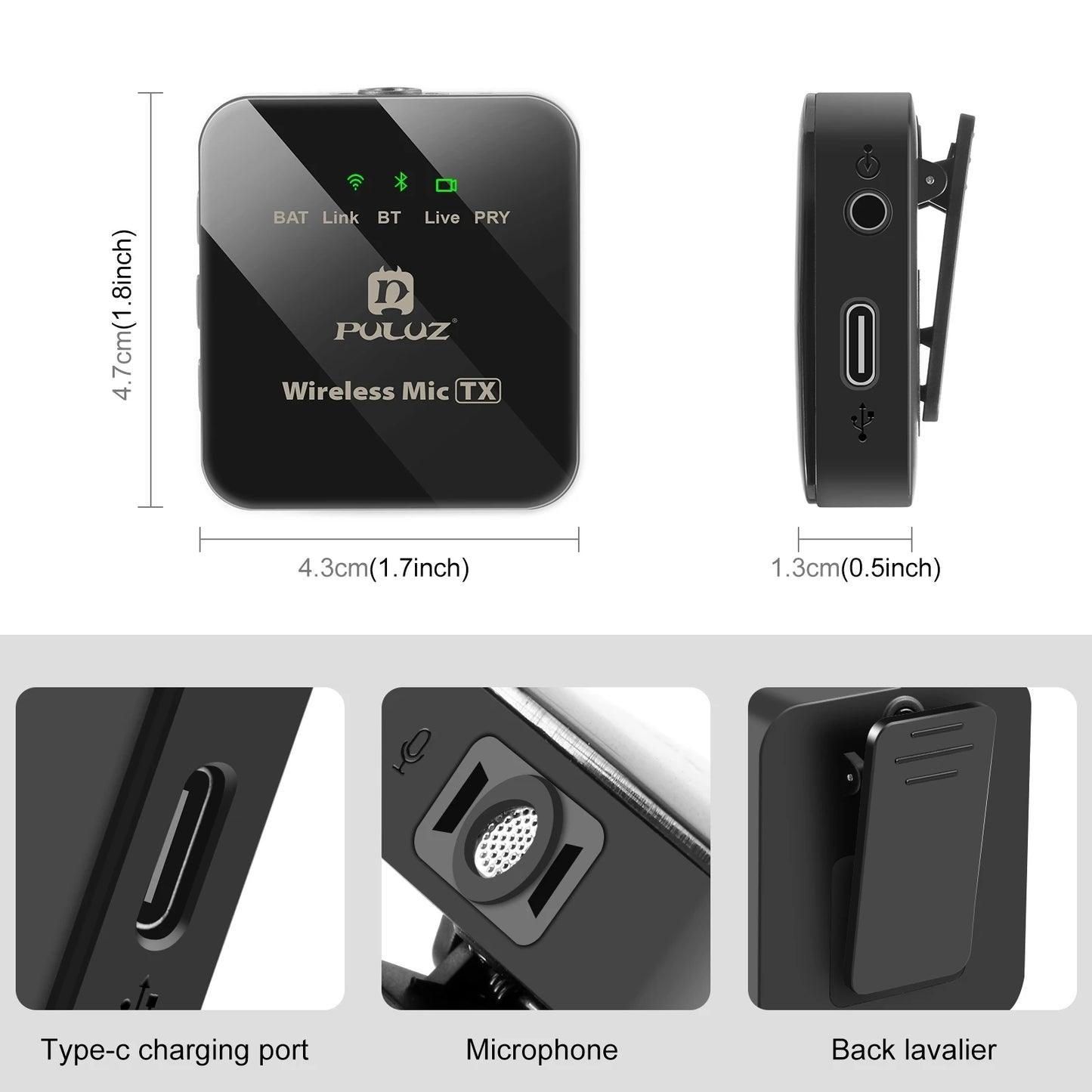 PULUZ Wireless Lavalier Microphone – Dual Mics with 8-Pin & Type-C Receiver for iPhone, iPad, & Android
