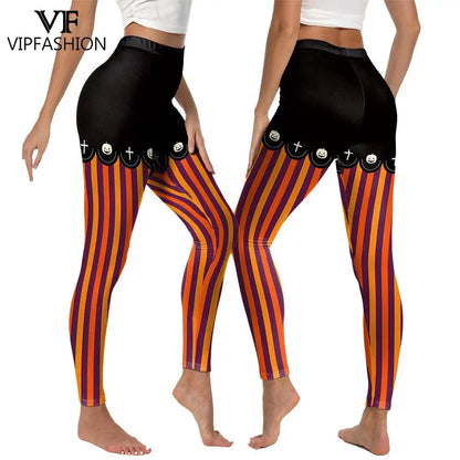 Women’s Halloween Leggings - Spooky Pumpkin Stripe Graphic Stretch Pants for Parties & Workouts