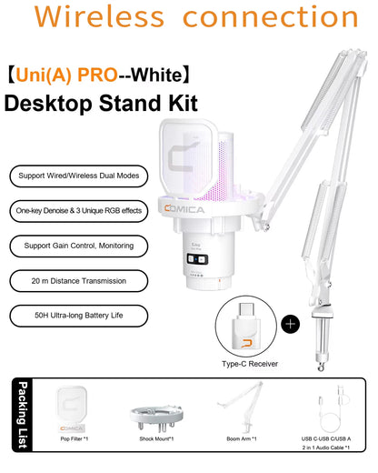 COMICA Uni Pro Wireless USB Gaming Microphone – Noise-Canceling Condenser Mic with RGB Lights for PC, Laptop & Smartphone