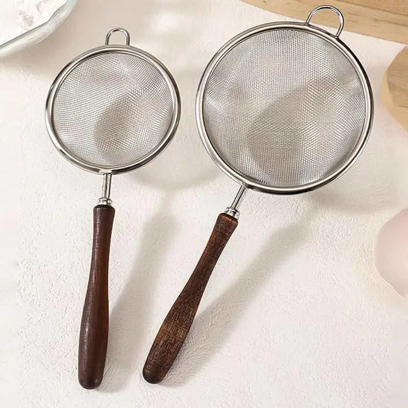 Stainless Steel Mesh Filter Spoon with Wooden Handle – Kitchen Strainer for Flour, Oil, and Fried Foods