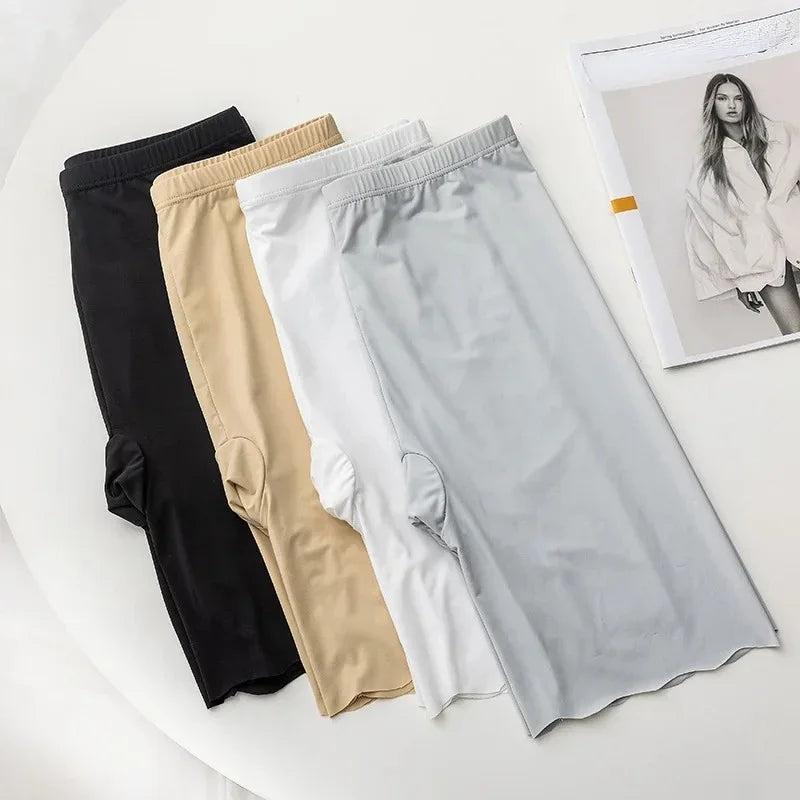 Women’s Seamless Ice Silk Safety Shorts - High Waist Anti-Chafing Thigh Cover Underwear for Plus Size Comfort