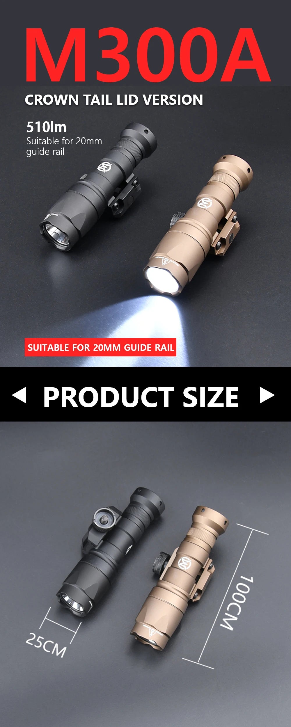 WADSN Surefire M300A Tactical Flashlight - Mini Weapon Scout LED Light, 20MM Rail Mount, Momentary & Constant-On Mode