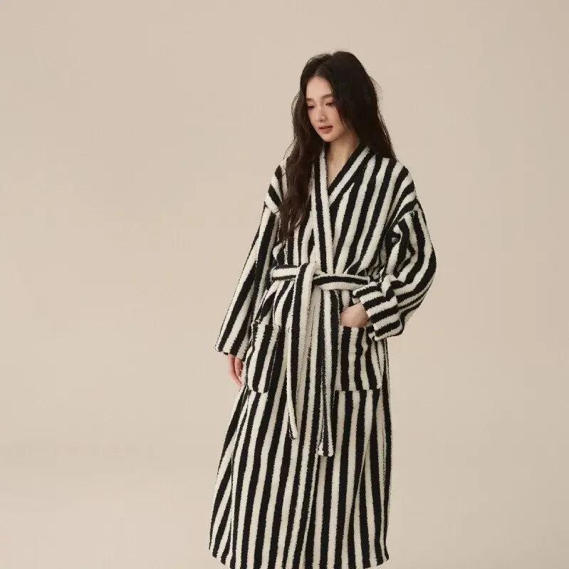 Couple’s Thickened Flannel Pajama Set – Coral Velvet Bathrobe & Striped Pants for Autumn Winter Homewear