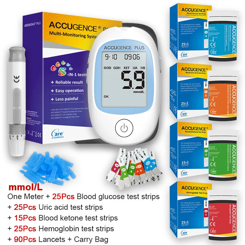4-in-1 Multifunction Blood Monitor – Hemoglobin, Glucose, Ketone, Uric Acid Test for Diabetes, Anemia, Gout