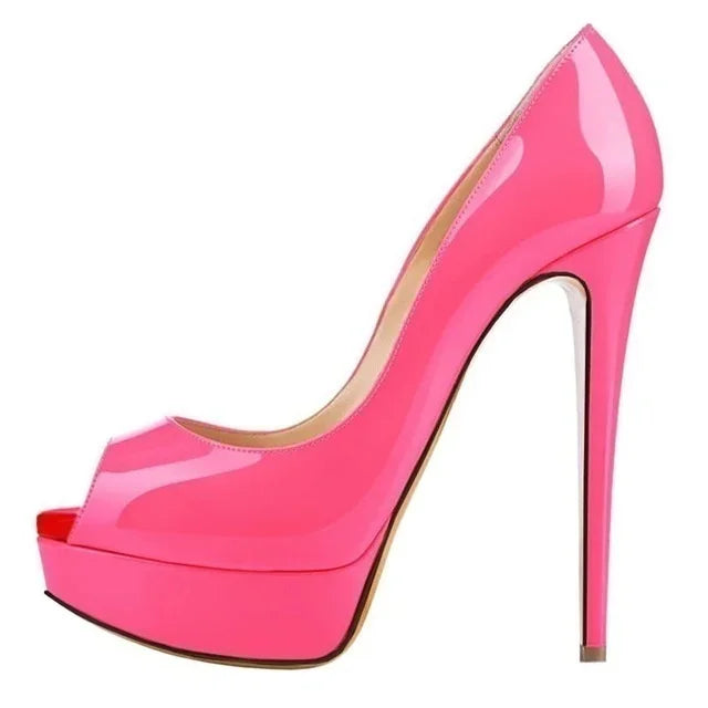 Women’s Sexy Platform Peep Toe Pumps – 14cm Stiletto Patent Leather High Heels for Party & Wedding