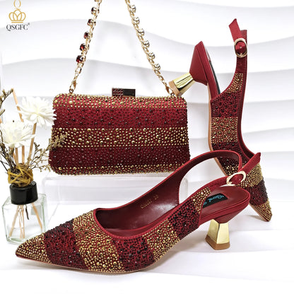 Women’s Green Rhinestone Shoe & Bag Set - Italian Luxury Style Wedding & Party Accessories