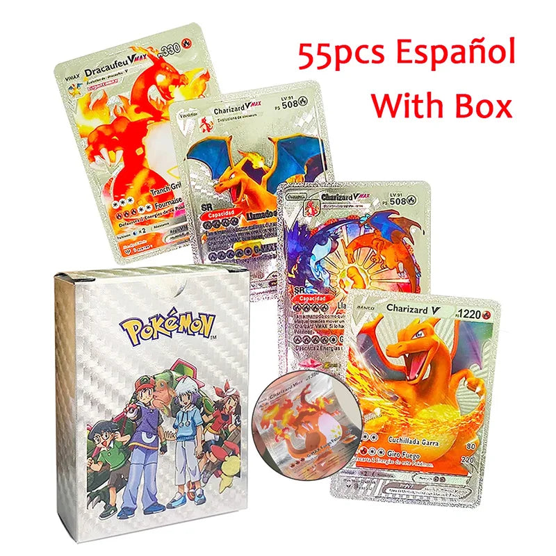 55-Piece Charizard Gold Foil Card Set - English & Spanish VMAX GX Collectible Trading Cards