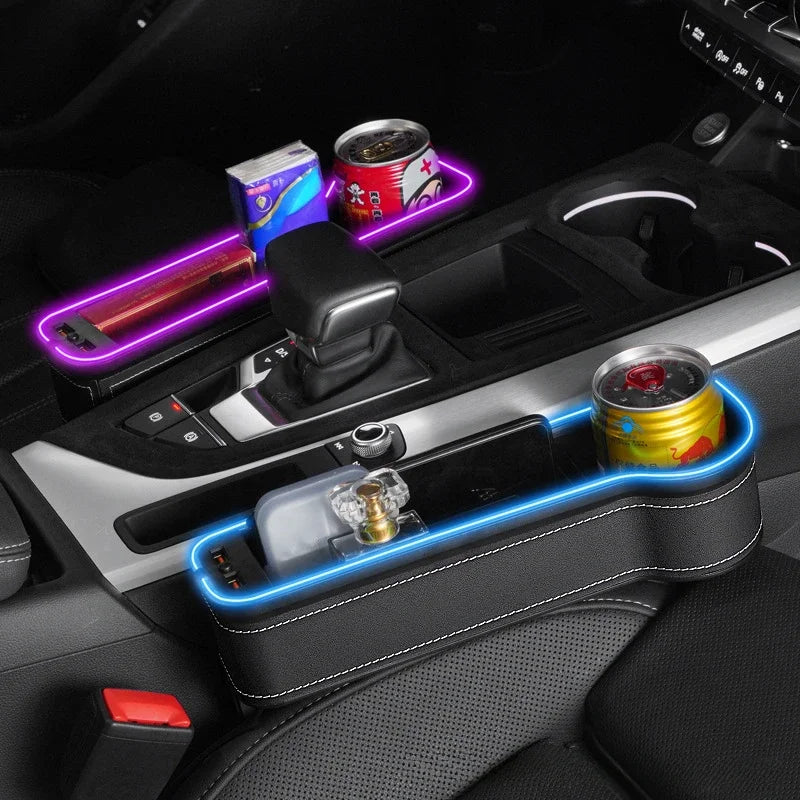 Car Crevice Storage Box with 2 USB Chargers & LED Light – Seat Gap Organizer for Phone, Cards, Bottles, and Cups