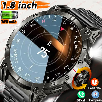 Military Smartwatch for Men – 760mAh Battery, LED Flashlight, Compass, 1.8" HD Screen, Heart Rate, Waterproof, BT Call