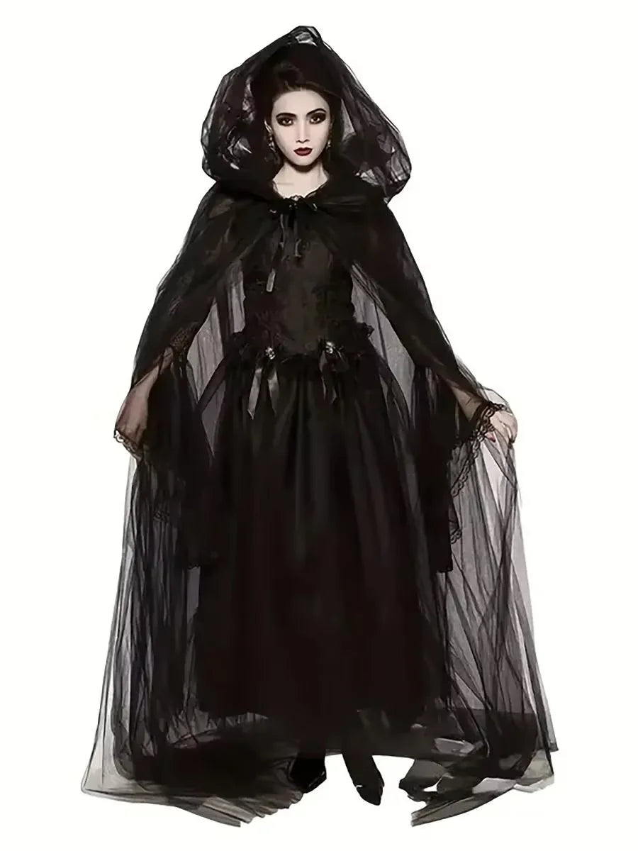 Black Witch & Vampire Cosplay Cloak - Double-Layer Bridal Shawl for Halloween Costumes, Parties, and Dress-Up Events