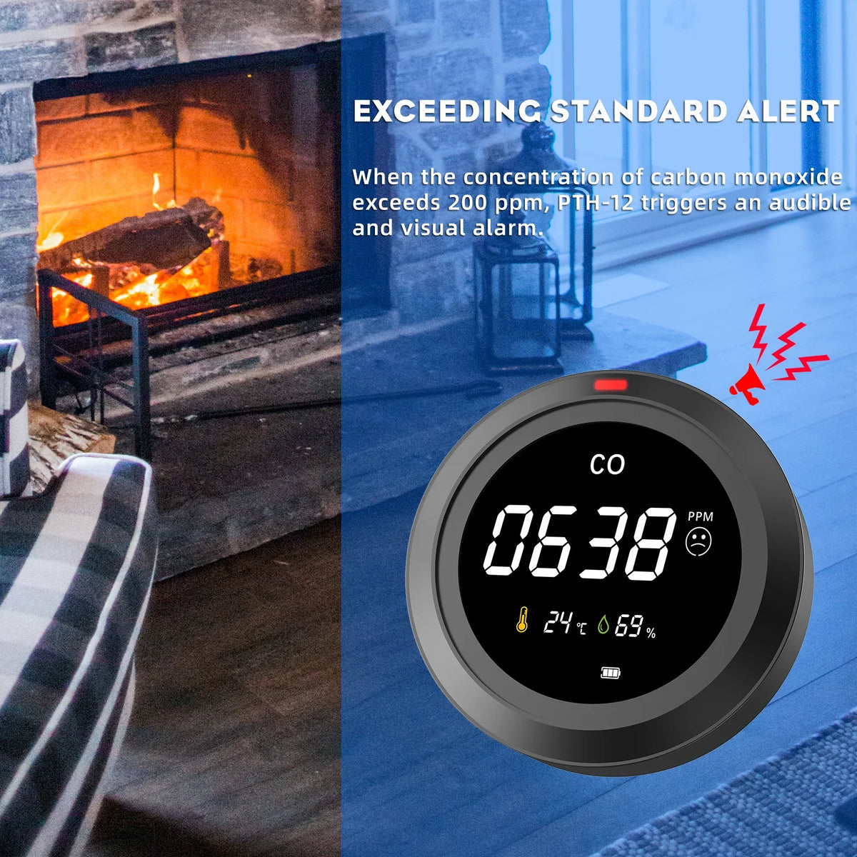 FABISENSE 3-in-1 Carbon Monoxide Detector - High-Precision CO Monitor with Temperature & Humidity Sensor
