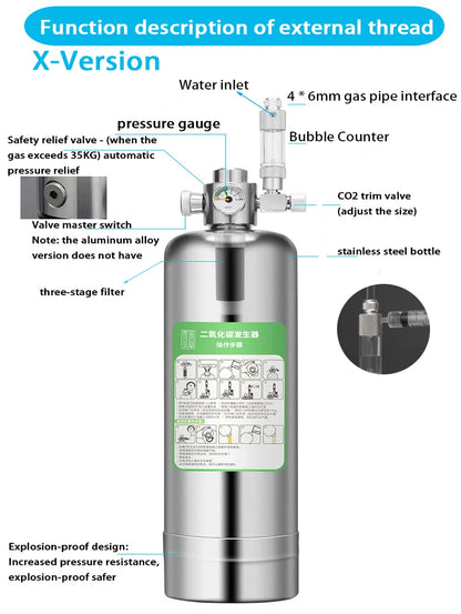 Aquarium DIY CO2 Generator Kit – Stainless Steel CO2 Cylinder & Carbon Dioxide Reactor System for Plants & Fish Tanks
