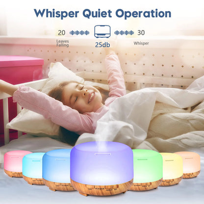500ML Wood Grain Aroma Diffuser: 5V 2A Essential Oil Aromatherapy Humidifier with Remote Control for Home Office