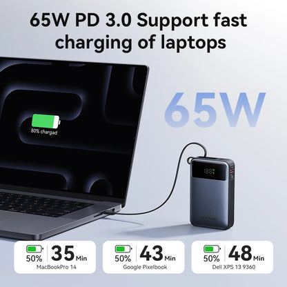 Vention 65W Power Bank - 20000mAh Portable USB-C Fast Charger with Built-In Cable for Laptop iPhone & Samsung Devices
