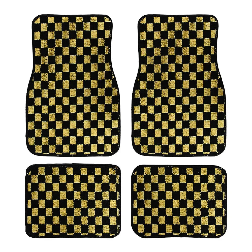 4PCS Universal Checkered Car Floor Mats - Anti-Slip Front & Rear Checkerboard Auto Carpet Foot Mats
