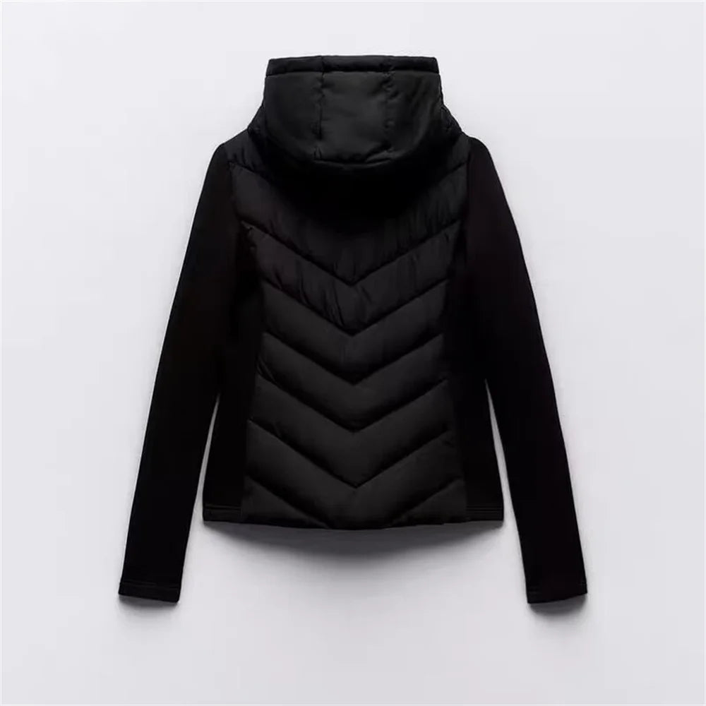 Taop&Za Women's Autumn Cotton Jacket – Fashionable Casual Long Sleeve Stand Collar Hooded Patchwork Coat