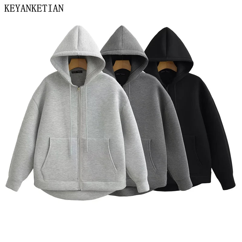Oversized Unisex Zipper Hoodie - Women's Winter Loose Sweatshirt with Double Pockets