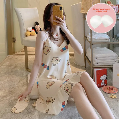 Women’s Cartoon Animal Pajama Set - Cute Loose Sling Nightgown with Bra Pad & Free Eye Mask for Sleepwear