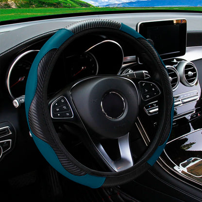 PU Carbon Fiber Leather Steering Wheel Cover — No Inner Ring, Fits 14.5-15 Inch Cars