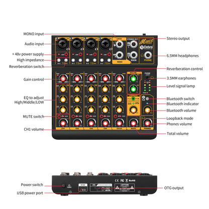 Debra Mini6 6-Channel Metal Audio Mixer Interface with Bluetooth & Delay Repeat Effect – OTG Sound Mixing Console for PC Recording