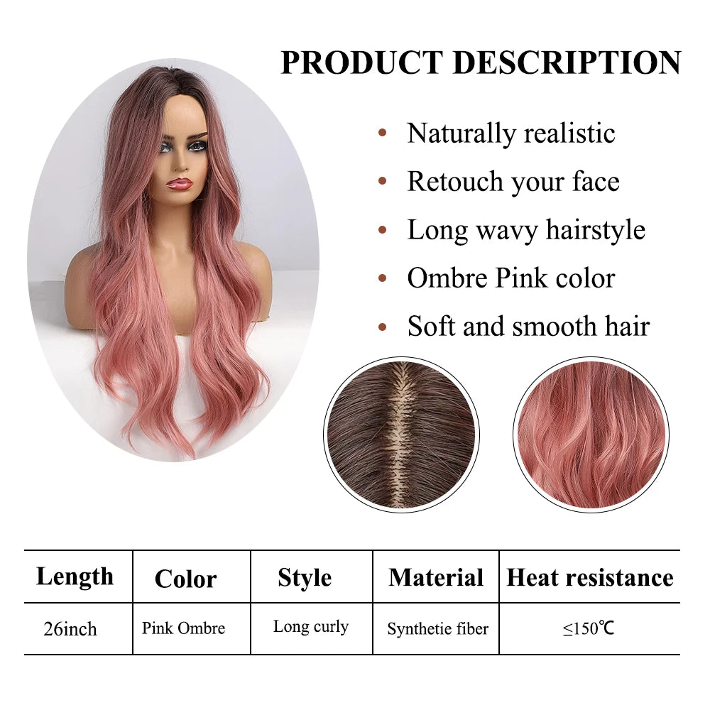 Long Pink Wavy Wig for Women — Middle Part Synthetic Hair, Heat-Resistant, Natural-Looking Cosplay Wig