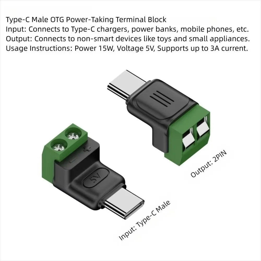 USB-C to 2-Pin Terminal Adapter - Solderless Screw-Type 5V Charging Connector, Green, 1–4 Pack