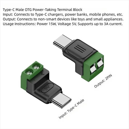 USB-C to 2-Pin Terminal Adapter - Solderless Screw-Type 5V Charging Connector, Green, 1–4 Pack