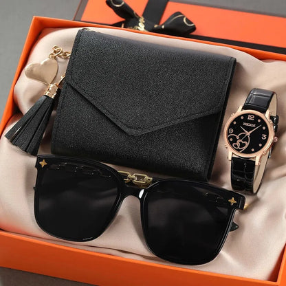 Women’s Fashion Leather Belt Watch Set – Butterfly Wallet, Glasses, and Quartz Wristwatch Dress Clock Montre Femme