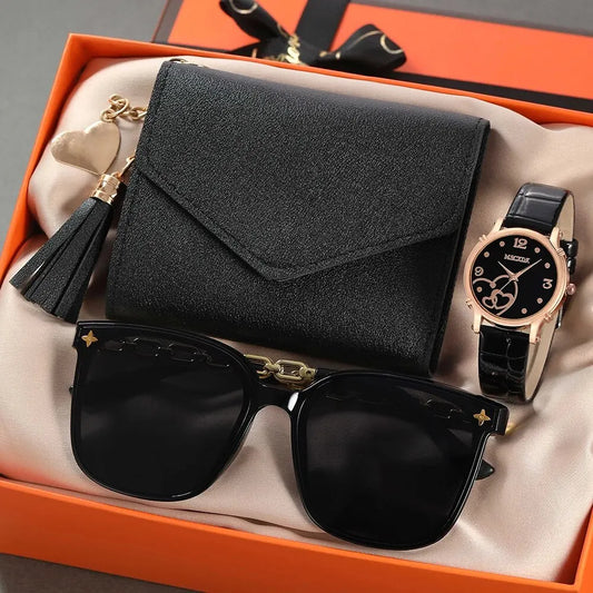 Women’s Fashion Leather Belt Watch Set – Butterfly Wallet, Glasses, and Quartz Wristwatch Dress Clock Montre Femme