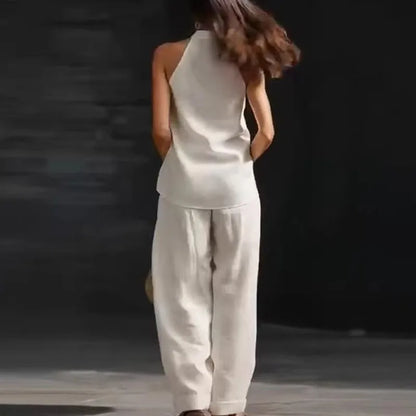 2026 Women’s Spring Retro Cotton Linen Set – Elegant V-Neck Sleeveless Top & Wide-Leg Trousers Summer Outfit