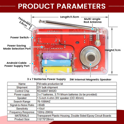 DIY FM Radio Soldering Kit - RDA5807 IC, 50–108MHz Adjustable Frequency, LED Digital Display, 3W Speaker, and Dual Power Supply