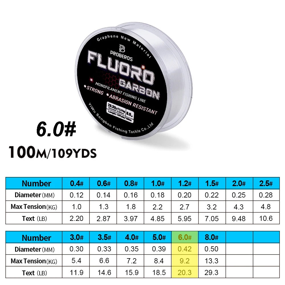 PROBEROS 100M Fluorocarbon Fishing Line - Carbon Fiber Monofilament Leader Line for Carp & Sinking Fishing Tackle