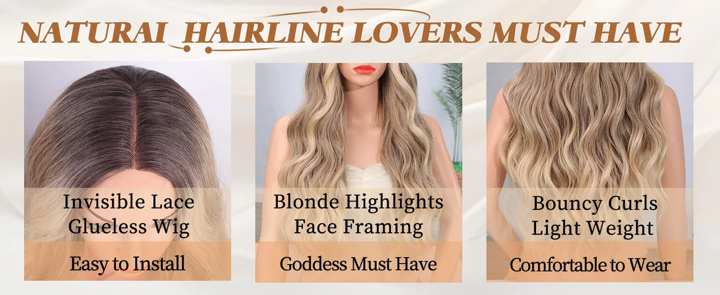 26-Inch Synthetic Ombre Blonde Wavy Wig for Women — Long Middle Part Curly, Heat-Resistant Natural-Look Hair