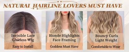 26-Inch Synthetic Ombre Blonde Wavy Wig for Women — Long Middle Part Curly Heat-Resistant Hair Fiber