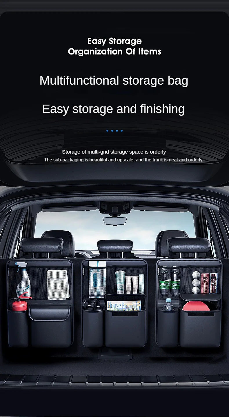 Car Trunk Leather Storage Bag – Foldable Seat Back Tools Organizer, UV-Protected Multifunctional Hanging Organizer for SUVs