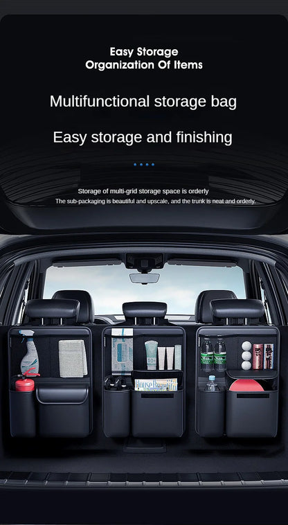 Car Trunk Leather Storage Bag – Foldable Seat Back Tools Organizer, UV-Protected Multifunctional Hanging Organizer for SUVs